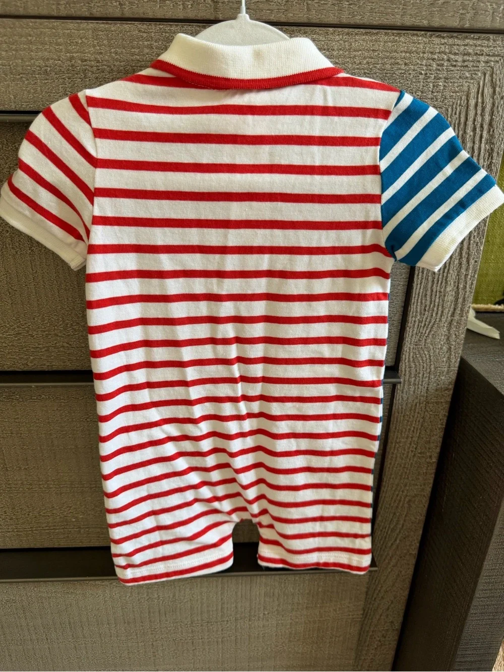 Jacadi Blue, White & Red Striped Polo Romper